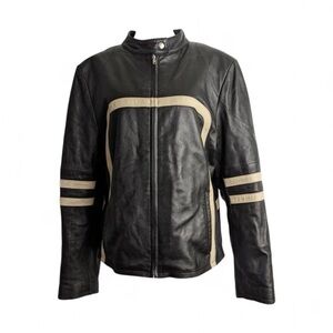 Wilsons Leather Black and Cream Women's Retro Stripe Moto Jacket